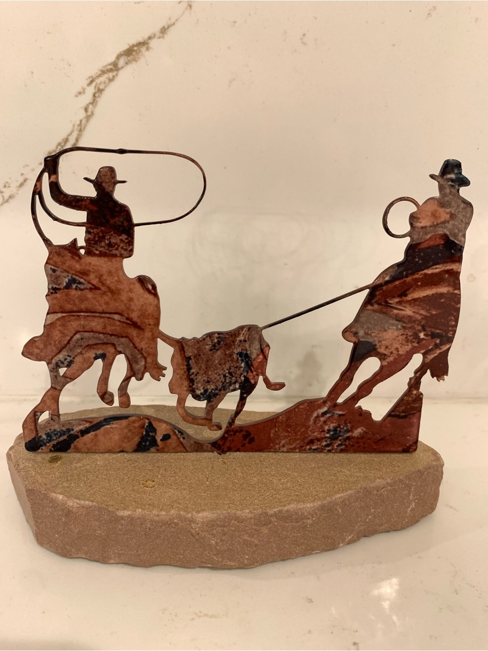 Vintage Mini Cowboy Decor Lacquered Metal  Sculpture Roping Bull On Sandstone 5”
